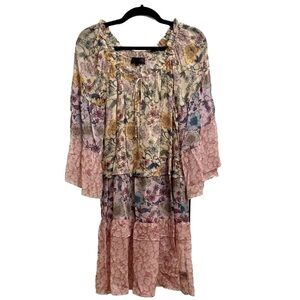 Hale Bob chiffon dress bell sleeve light weight rose multi floral Sz XS